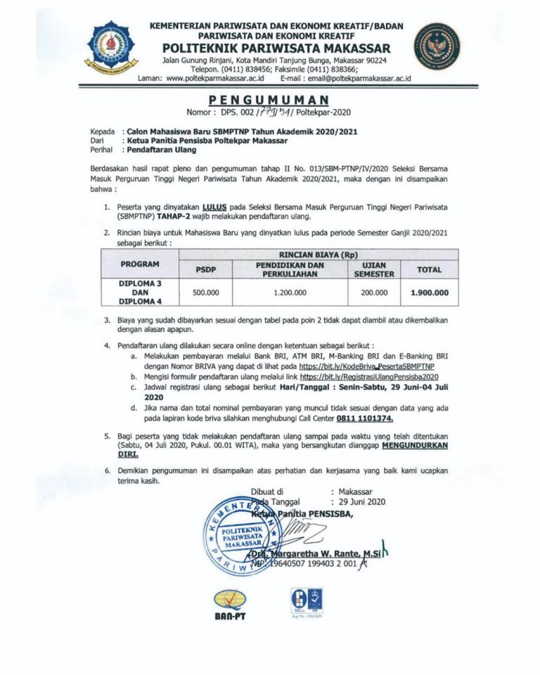 PENDAFTARAN ULANG CALON MAHASISWA BARU SBMPTNP TAHUN AKADEMIK 2020 2